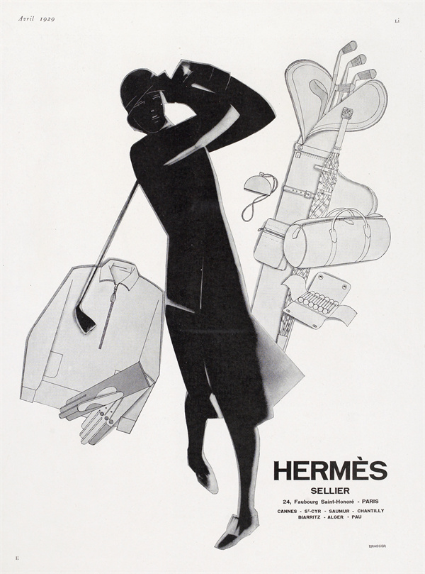 《爱马仕高尔夫用品广告》，1929年。德雷格印刷厂，1929年，爱马仕档案馆。© 爱马仕 2023。